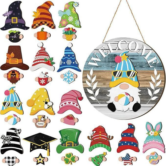 35pcs Highland Cow Sign Interchangeable Welcome Sign with Magnet Detachable Hats Accessories Cute Gnome Wooden Sign Hanging for Halloween Holiday Seasonal Decorations Birthday Party Home Wall Office Living Room Garden Farmhouse Porch