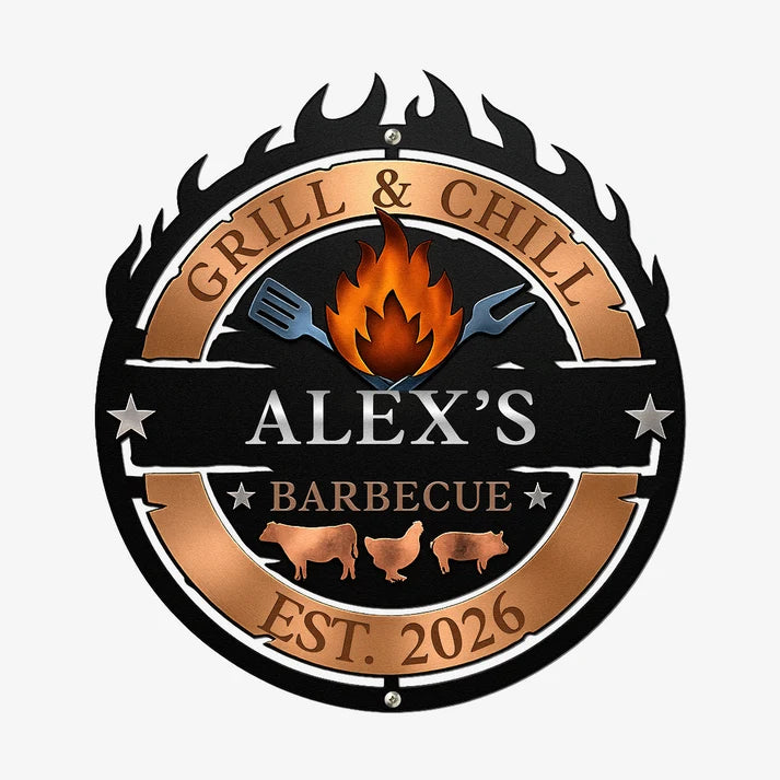 Rustic Flame Grill Sign for Men Who Cook – Personalized Outdoor Wall Art for Backyard Barbecue Lovers, Man Cave or Garage Decor