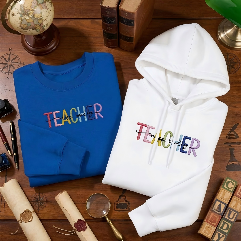 Personalized Multicolor Embroidered Teacher T-Shirt Sweatshirt Hoodiewith Custom Name Back-to-School Gift for Teachers