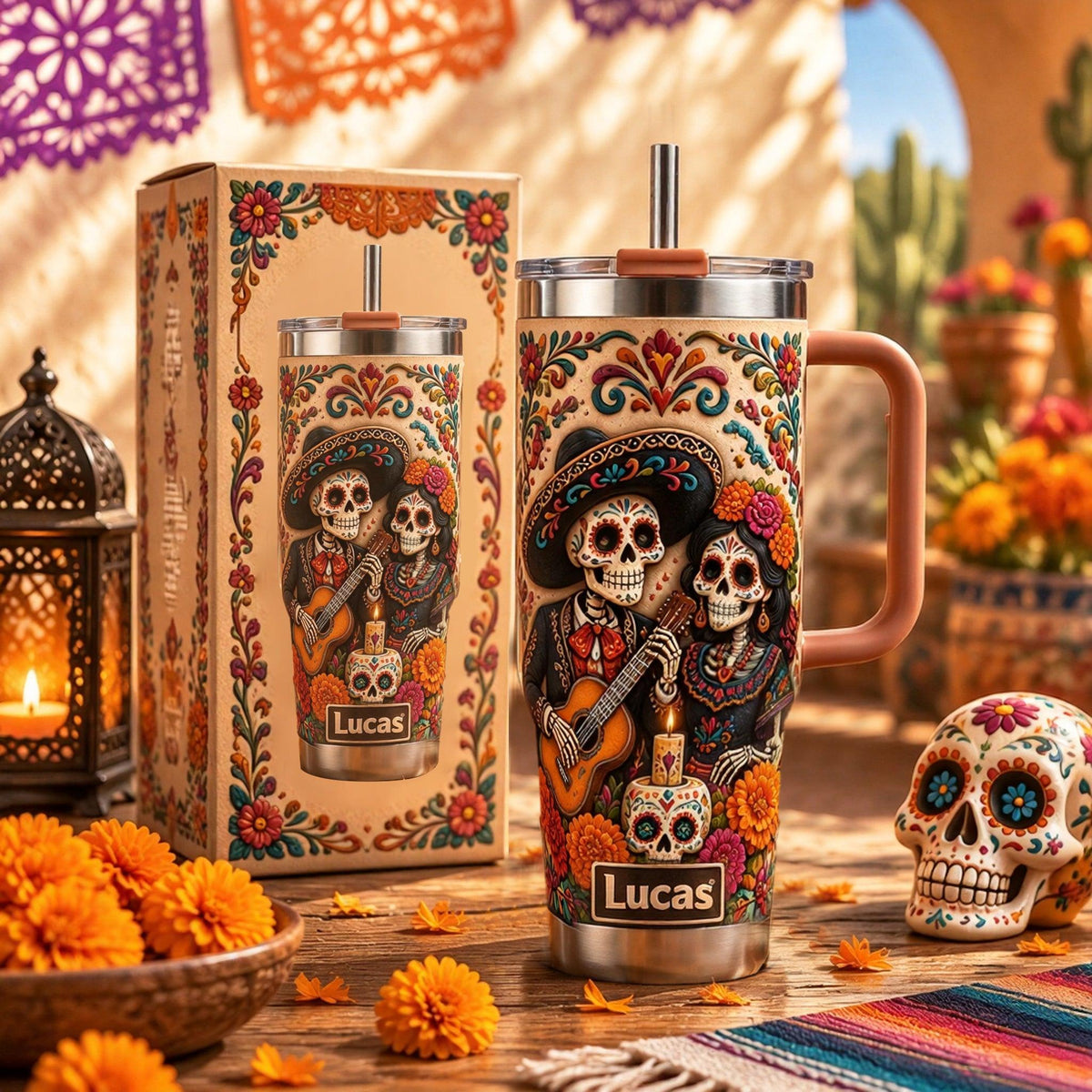 Personalized Sugar Skull Couple Tumbler - Custom Name Day of the Dead & Halloween Gift for Husband Wife Couple, 30oz 40oz Stainless Steel Handle Cup