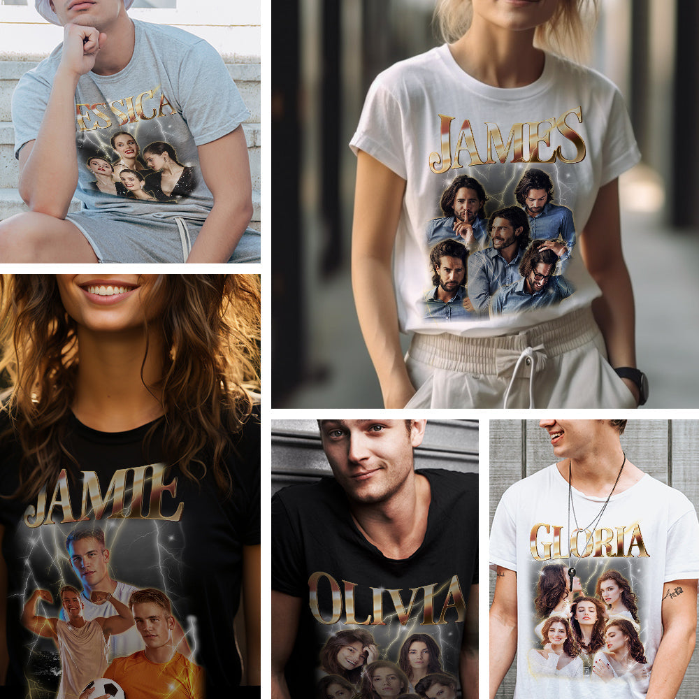 Custom Photo Vintage Tee Personalized Name T-shirt Black Valentine's Day Gifts