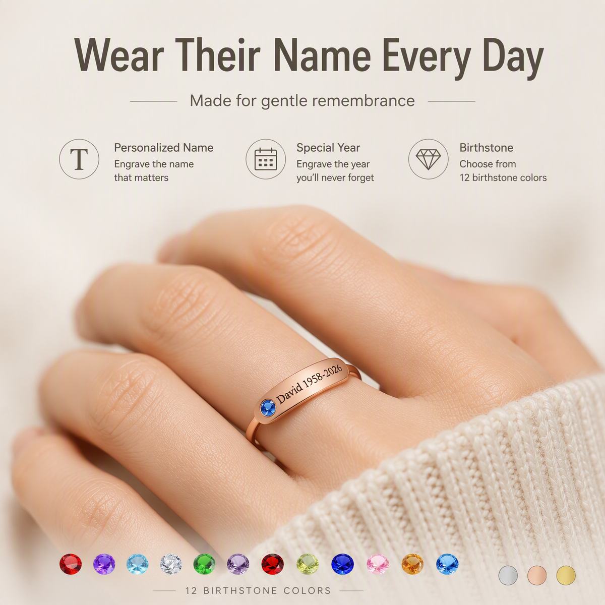 Personalized Birthstone Name Memorial Ring to Remember Someone You Loved