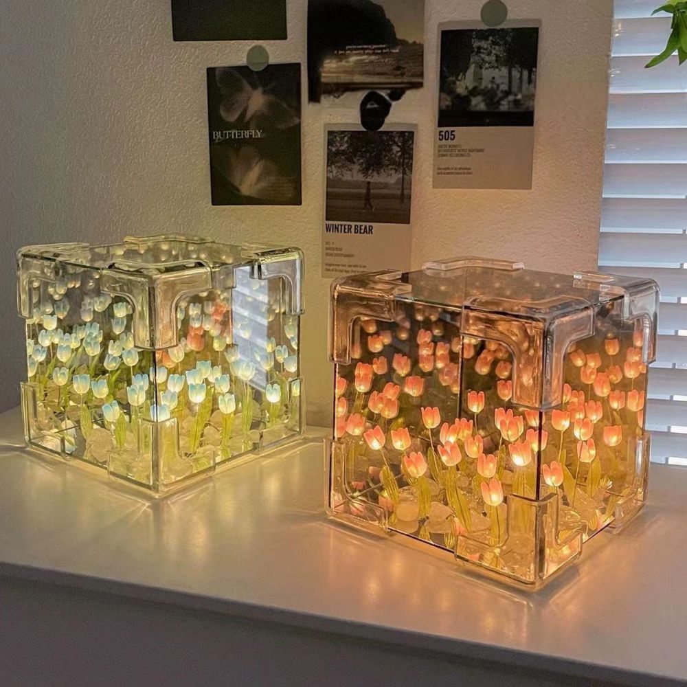 DIY Sea Cube Flower Tulip Lamp Kit Material Package Infinite Garden Acrylic Three-Dimensional Night Lamp Easy Assembly DIY Gift Gift for Girlfriends