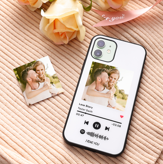 Custom Spotify Code Music iPhone Case with Text Scannable Engraved Custom Music Song Tempered Glass  - White