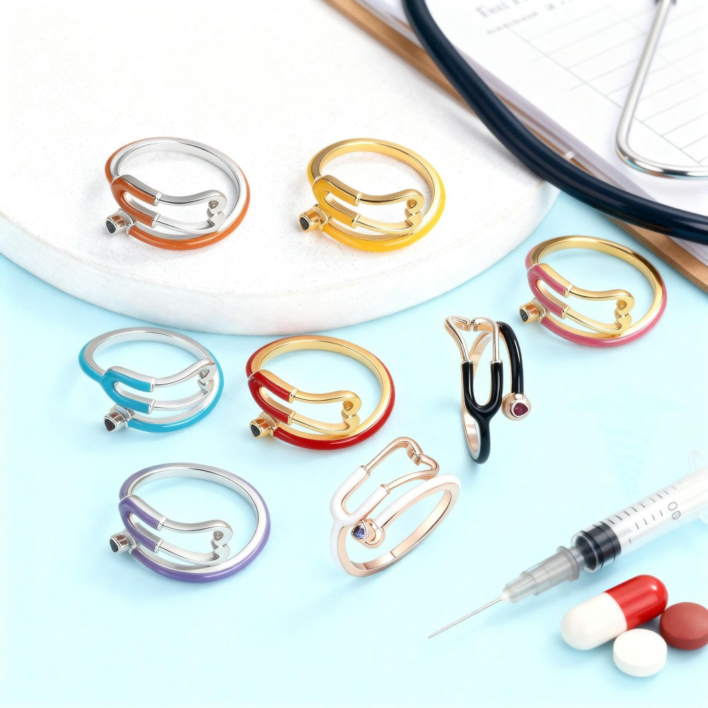 Custom Enamel Stethoscope Ring with Birthstone Personalized Multicolor Nurse Appreciation Gift for Medical Staff & Doctors & Students
