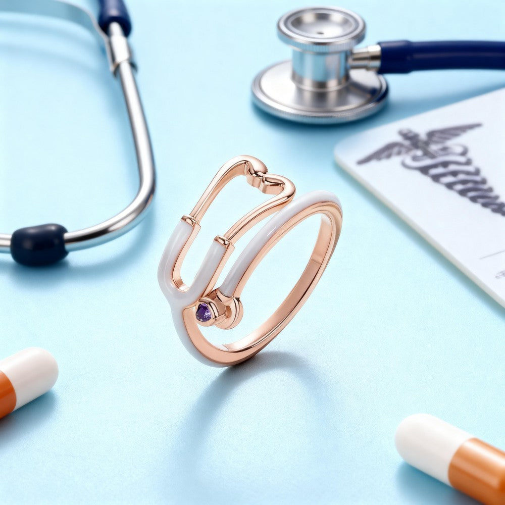 Custom Enamel Stethoscope Ring with Birthstone Personalized Multicolor Nurse Appreciation Gift for Medical Staff & Doctors & Students