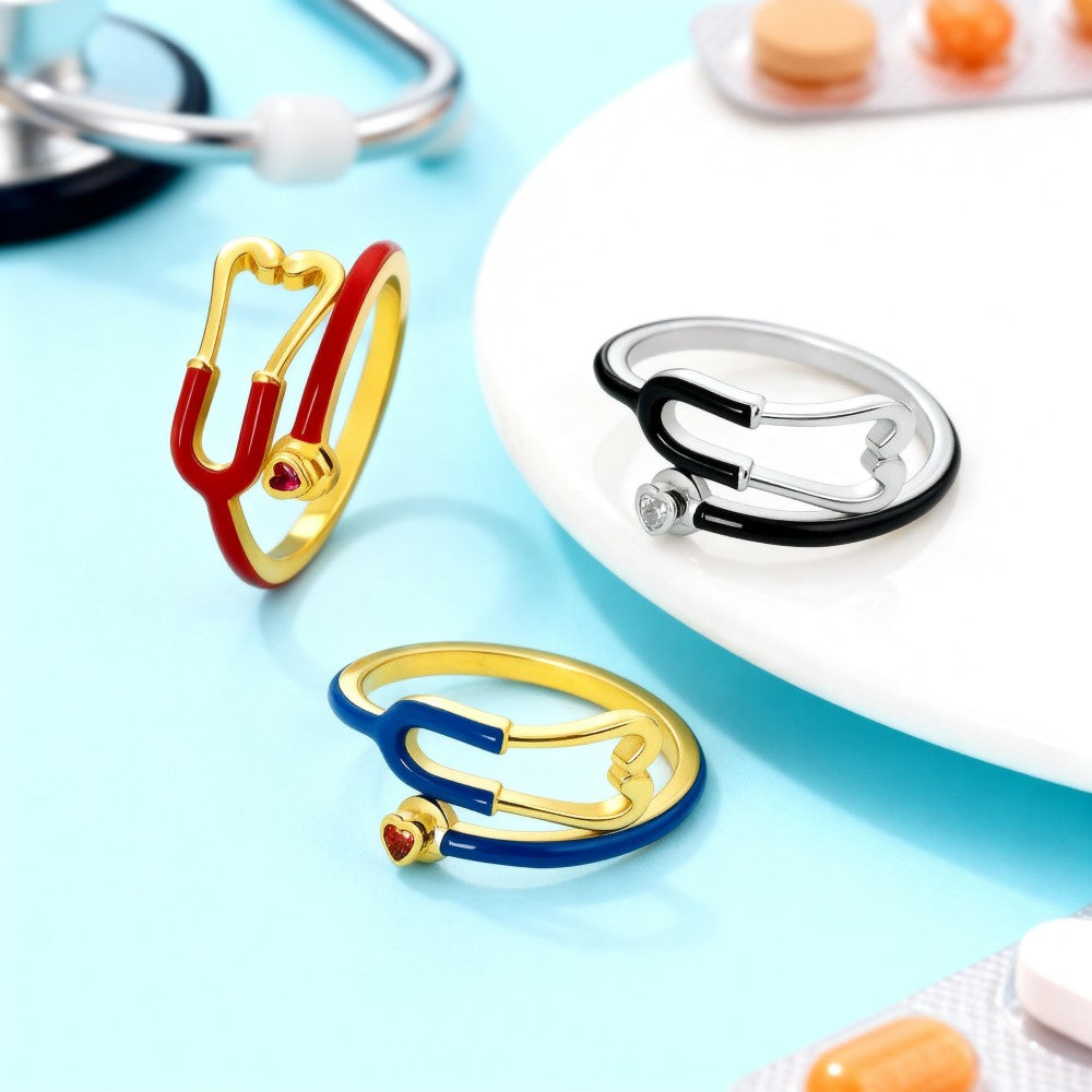 Custom Enamel Stethoscope Ring with Birthstone Personalized Multicolor Nurse Appreciation Gift for Medical Staff & Doctors & Students