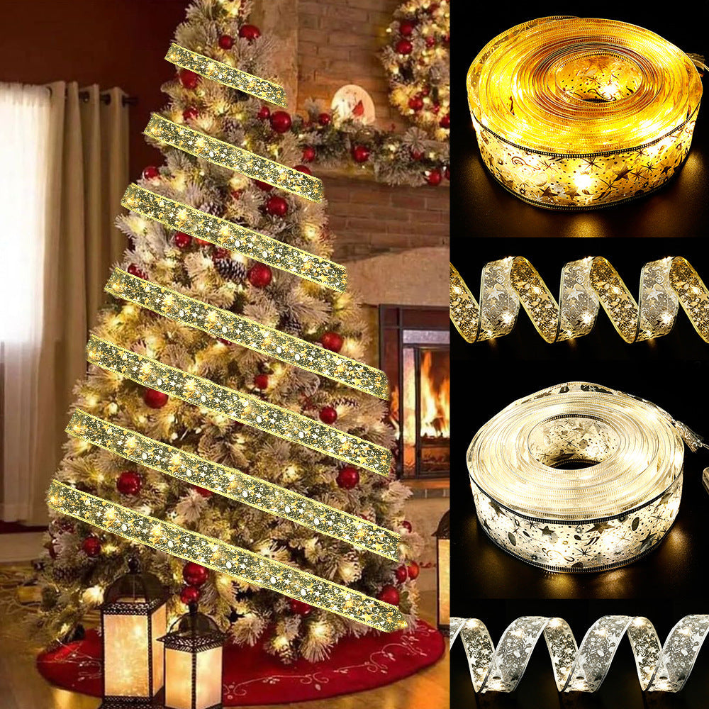 Christmas Fairy Lights Xmas Tree Ribbon Lights Copper Wire Ribbon Bows Lights for Holiday Party Decoration