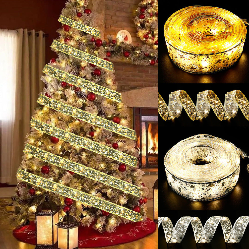 Christmas Fairy Lights Xmas Tree Ribbon Lights Copper Wire Ribbon Bows Lights for Holiday Party Decoration