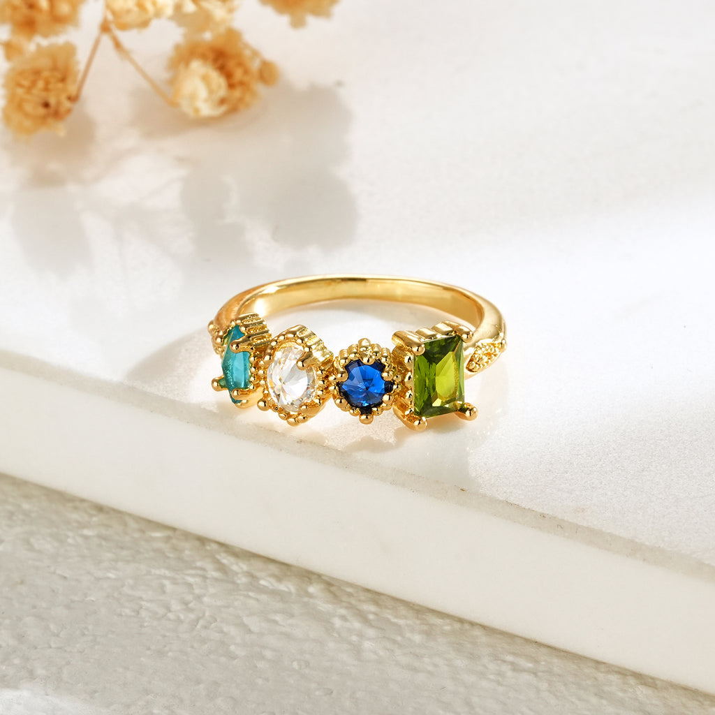 Personalized Birthstones Ring Multiple Vintage Milgrain Ring for Mom Grandma