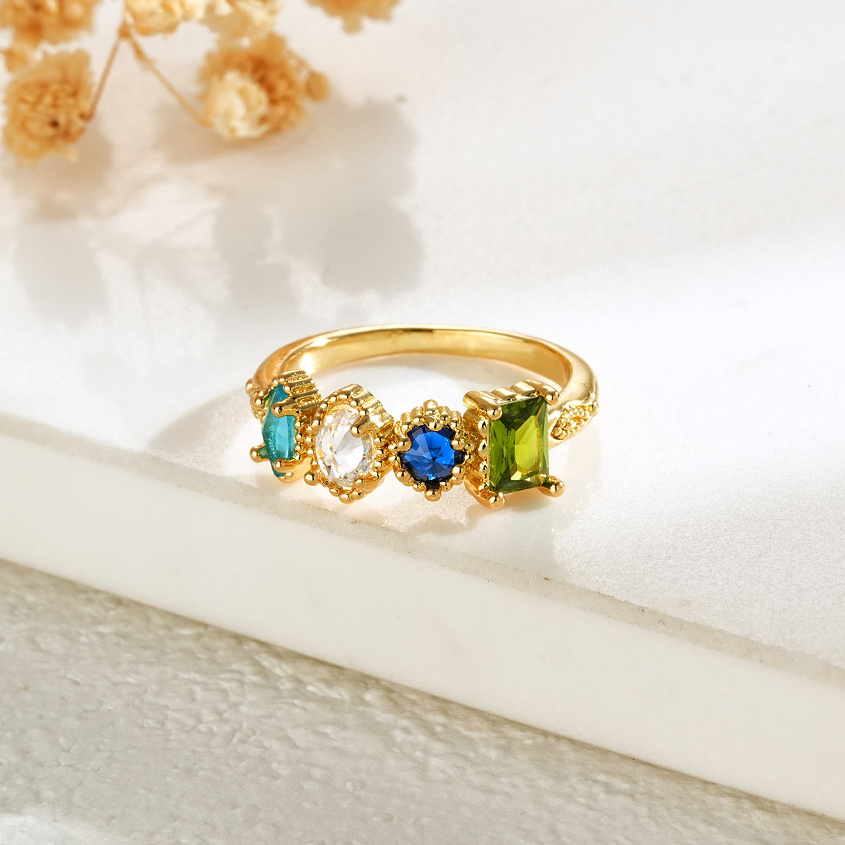 Personalized Birthstones Ring Multiple Vintage Milgrain Ring for Mom Grandma