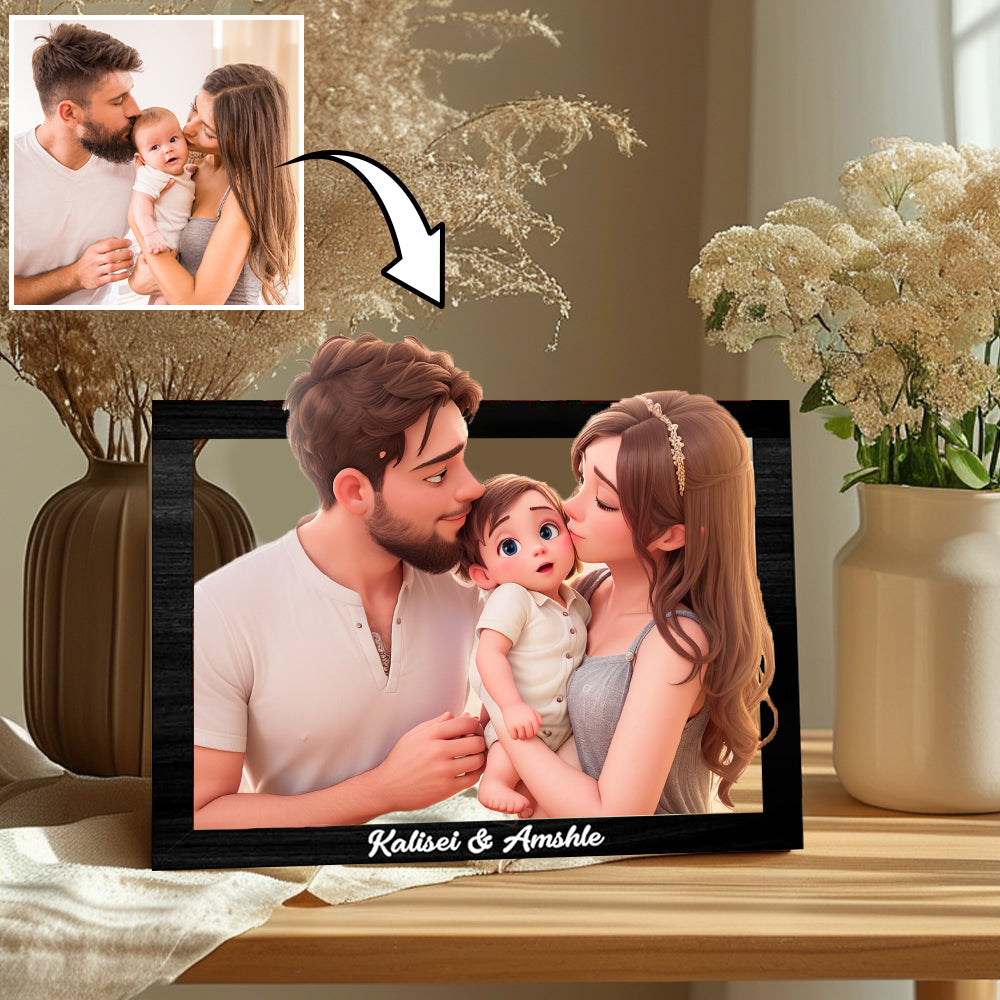 Personalized Cartoon Style 3D Photo Wooden Frame Sign Custom Family Photo 3D Cartoon Portrait Gift