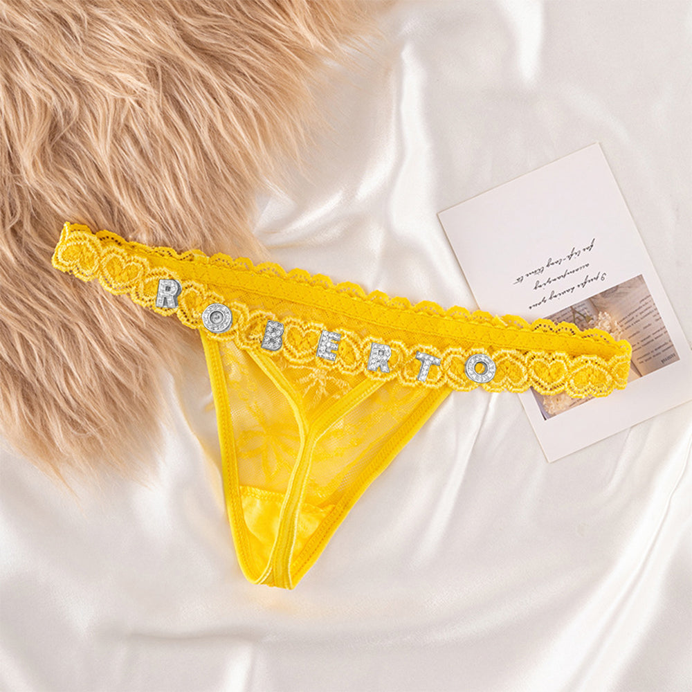 Custom Lace Thongs with Jewelry Crystal Letter Name Gift for Her