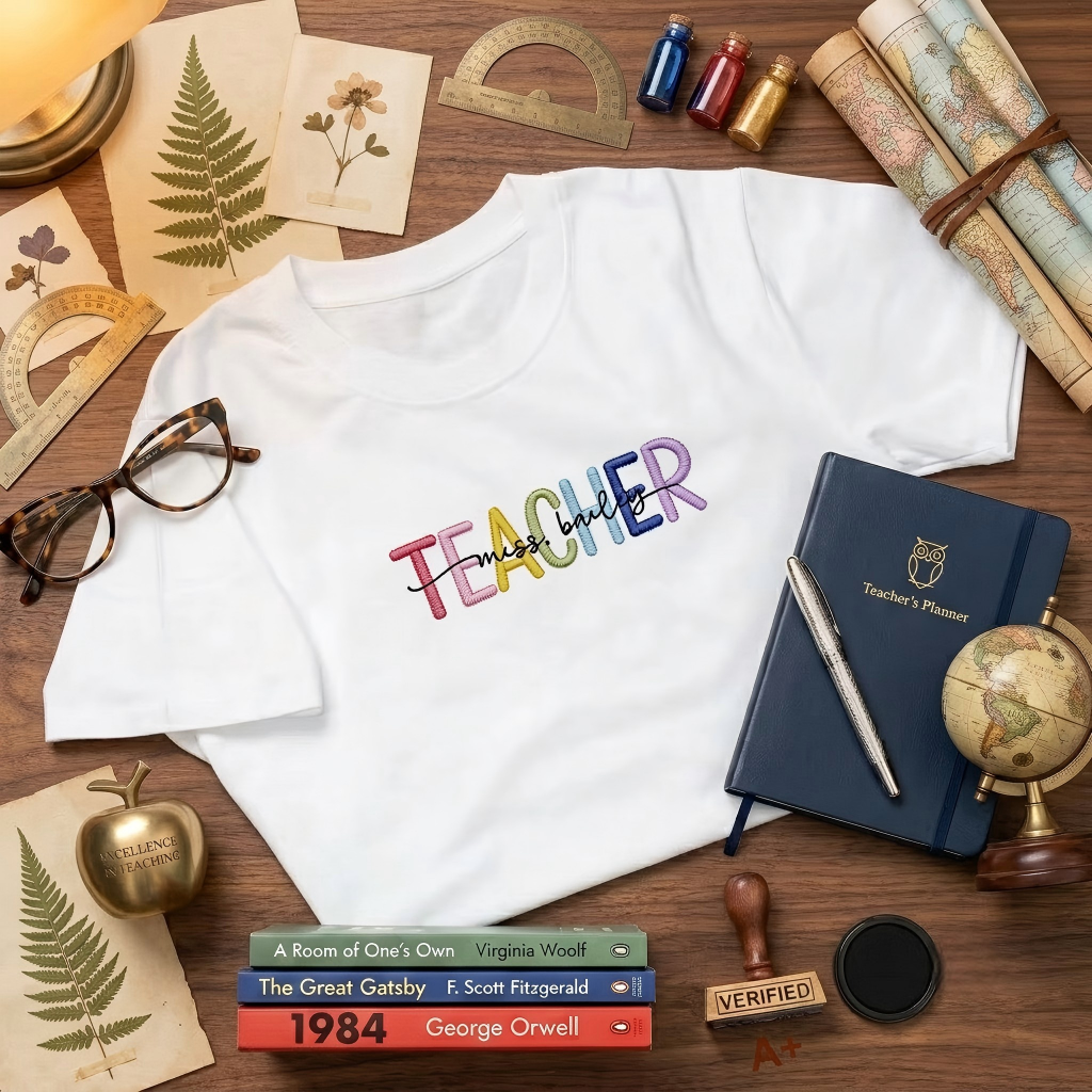 Personalized Multicolor Embroidered Teacher T-Shirt Sweatshirt Hoodiewith Custom Name Back-to-School Gift for Teachers