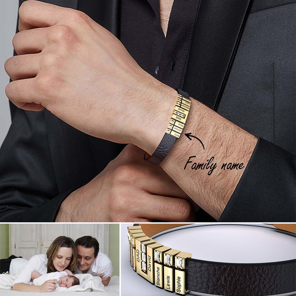 Men's Personalized Leather Bracelet With Adjustable Diamond Beads Rose Gold Plated Stainless Steel For Father's Day