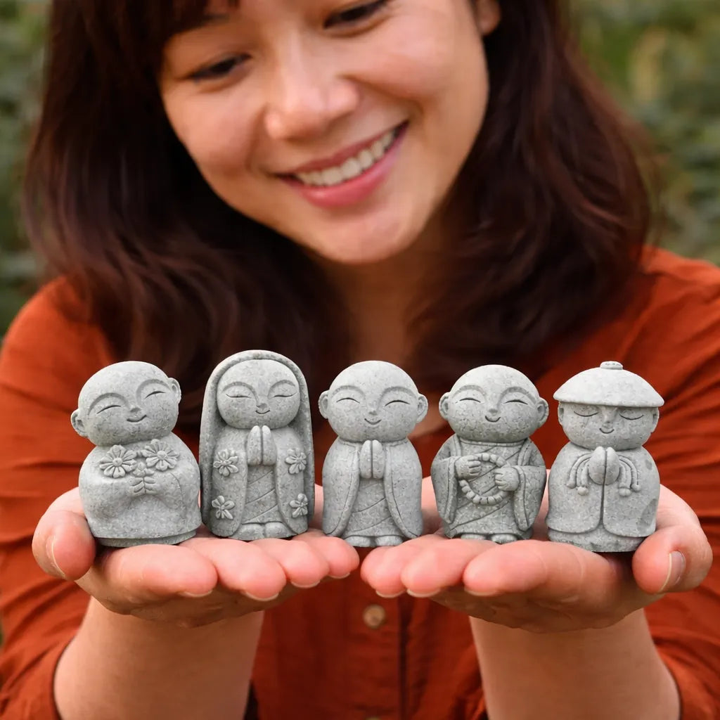 Handcrafted Stone Zen Jizo Statue Full Set