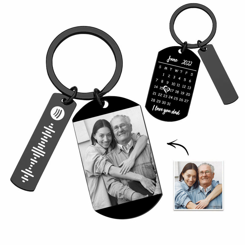 Personalized Spotify Calendar Keychain Custom Picture & Music Song Code Couples Photo Keyring Gift for Father