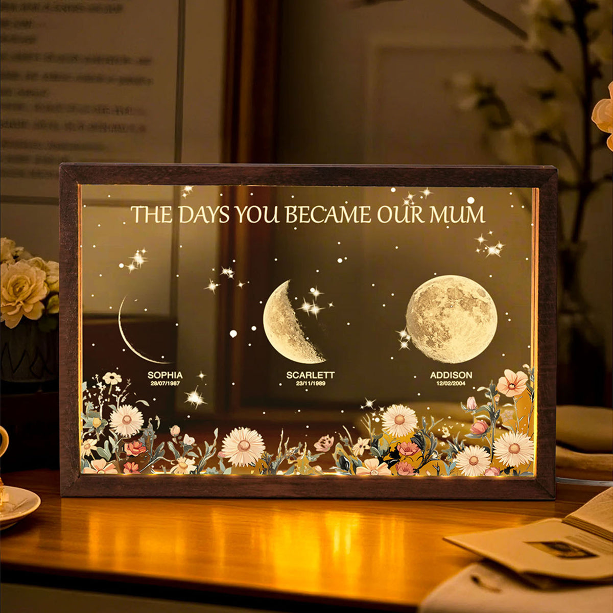 Personalized The Days You Became Our Mom Moon Phase Lightbox Mother's Day Gifts Wood Base