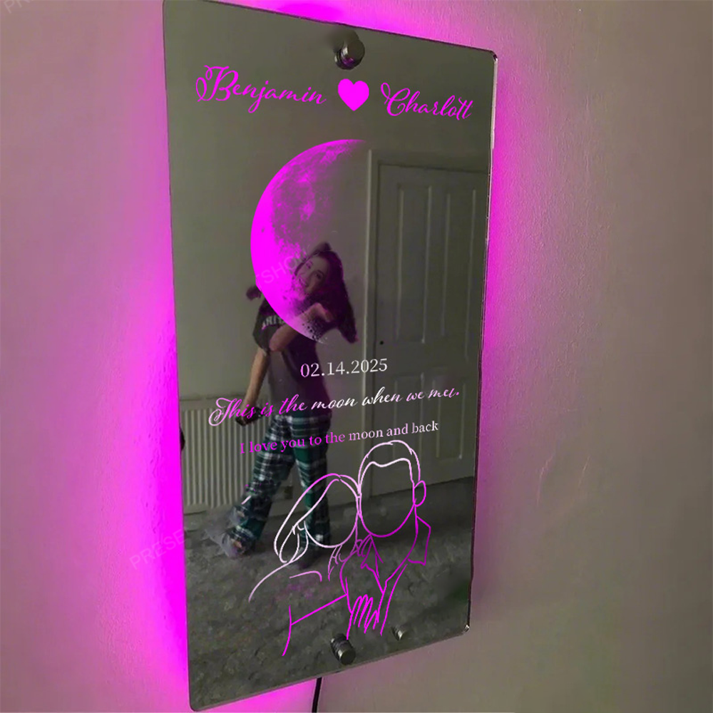 Custom Moon Phase with Silhouette Photo Mirror Light Anniversary Gift