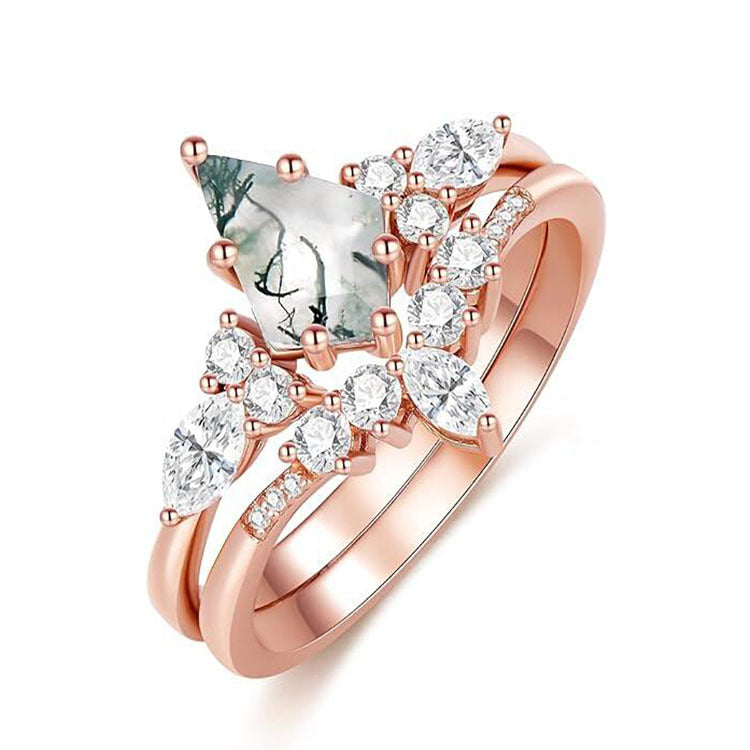 Moss Agate Engagement Ring Set Kite Cut Natural Moss Agate Bridal Ring Set Rose Gold Curved Stacking Wedding Band 2-Piece Vintage Jewelry Set for Women