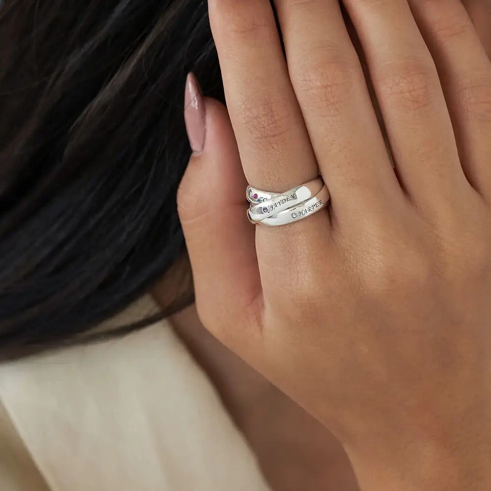 Three Interlocking Birthstone Rings – Personalized Triple Band Ring Gift for Her