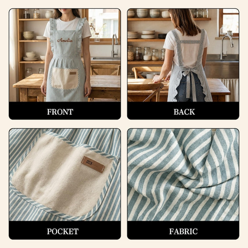 Personalized Striped Apron with Pockets – Custom Embroidered Name Apron with Hand Towel, Kitchen Cooking Apron, Adjustable Chef Apron & Gift for Home Cooks