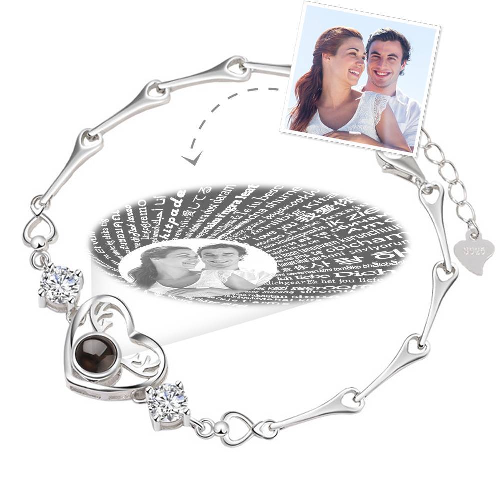 I Love You Bracelet in 100 Languages Projection Photo Engraved Bracelet Heart with Antlers Silver