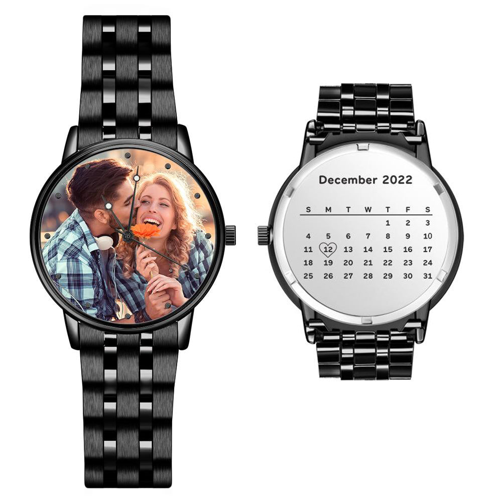 Men's Engraved Photo Watch Calendar Black Alloy Bracelet Gift for Couple