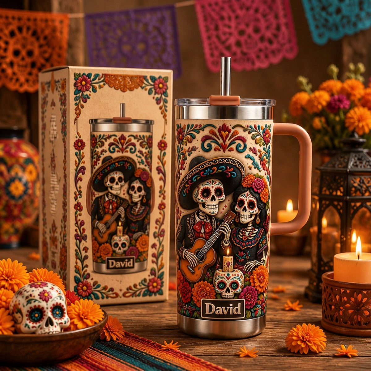 Personalized Sugar Skull Couple Tumbler - Custom Name Day of the Dead & Halloween Gift for Husband Wife Couple, 30oz 40oz Stainless Steel Handle Cup