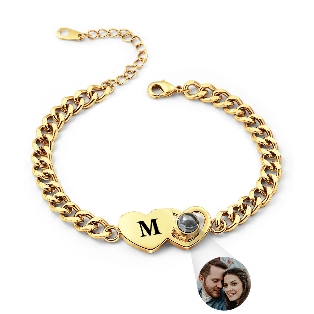 Custom Bracelet Personalized Photo Projection Bracelet Heart-Shaped Cuban Chain Bracelet Best Christmas Gift For Couples