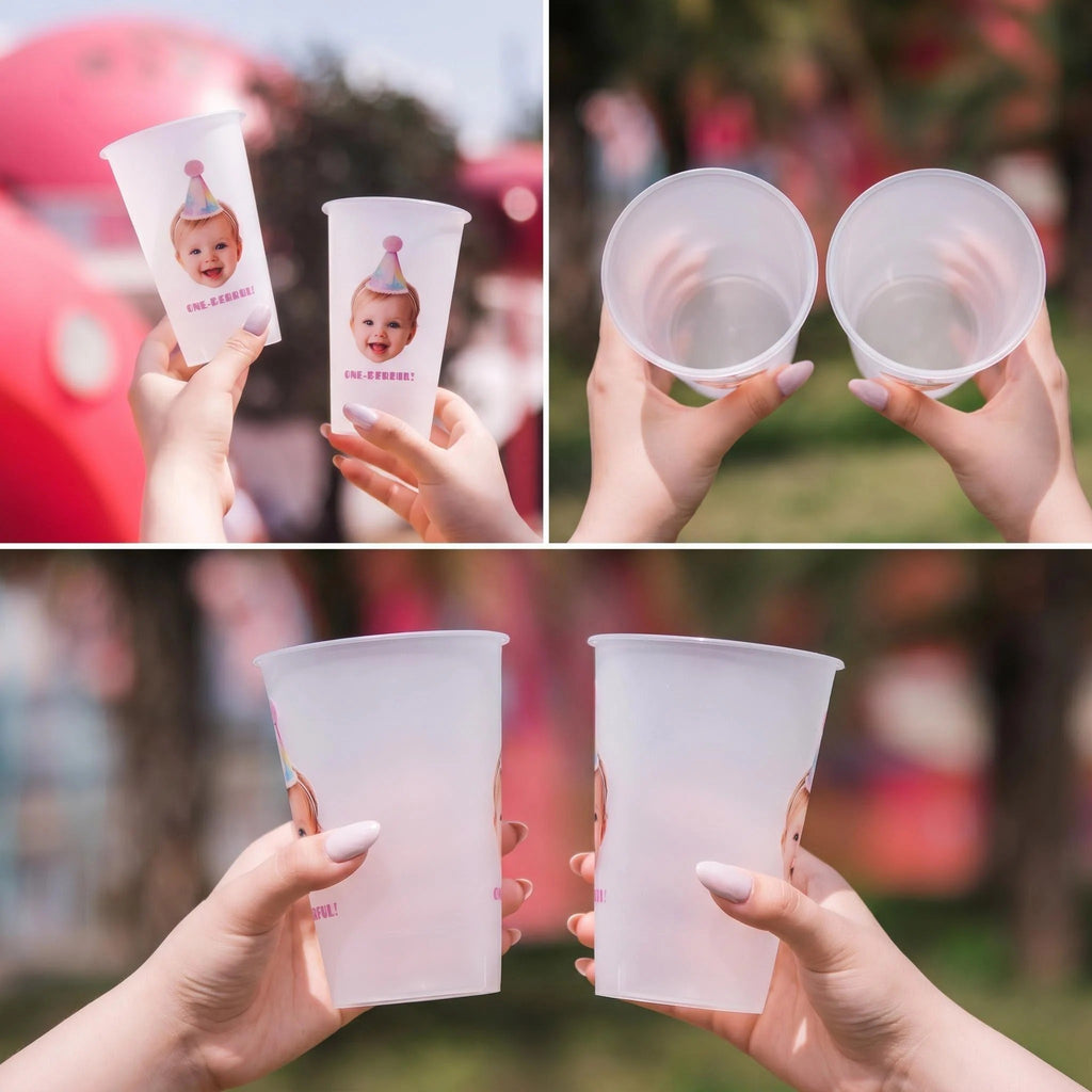 Personalized Plastic Cups with Faces | Personalized First Birthday Party Favors