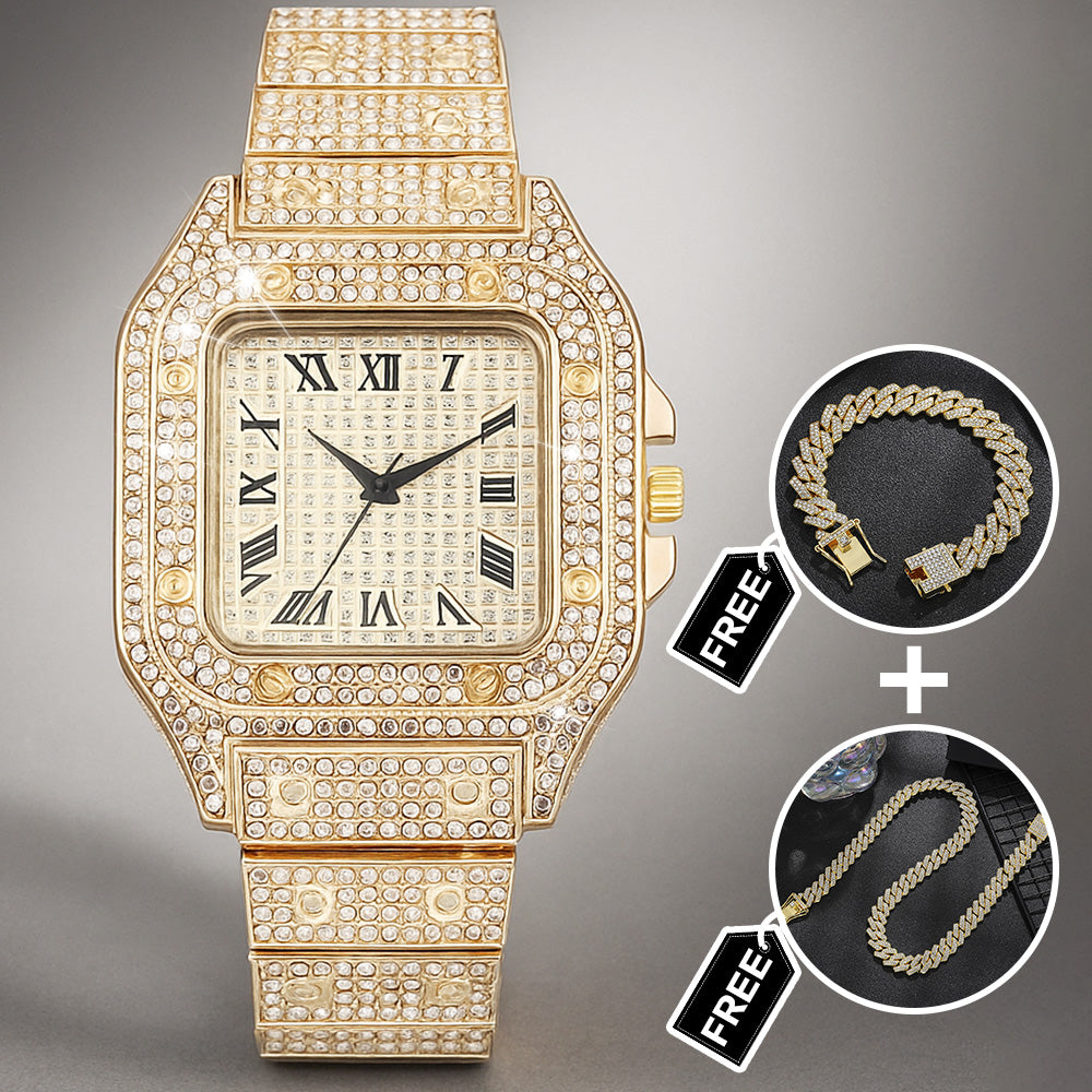 Iced Out Watch Rhinestone Watch Set Watch + Bracelet + Necklace Gift for Him