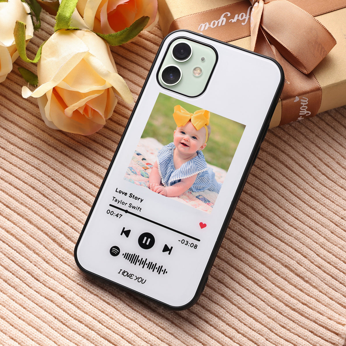 Custom Spotify Code Music iPhone Case with Text Scannable Engraved Custom Music Song Tempered Glass  - White