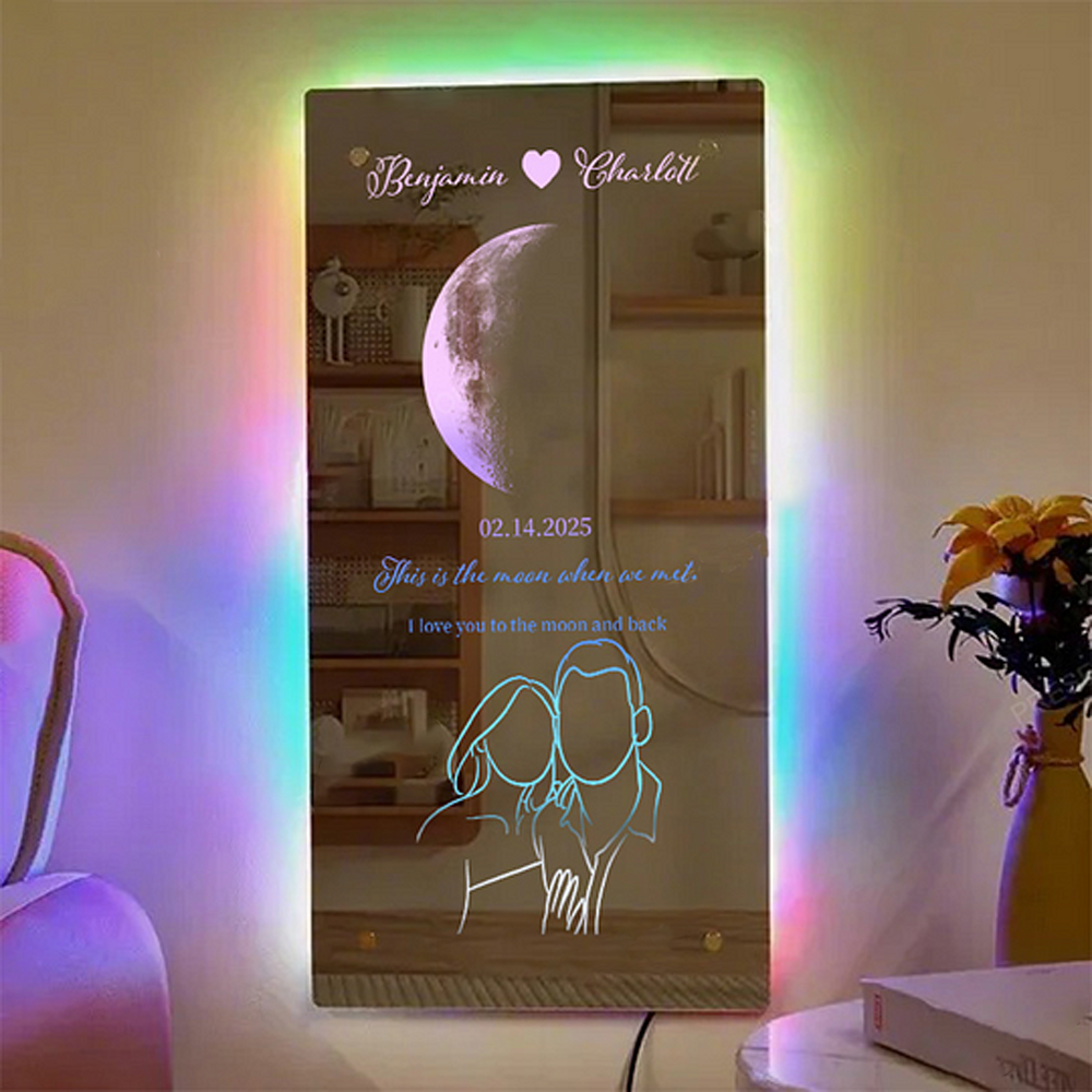 Custom Moon Phase with Silhouette Photo Mirror Light Anniversary Gift