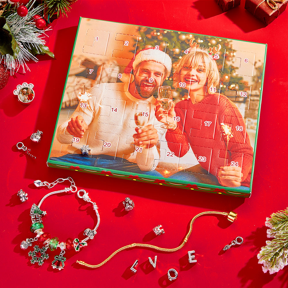 Personalized Photo Jewelry Advent Calendar Photo Charm Surprise Blind Box Bracelet 24 Calendar Countdown Gift Box Bracelet For Christmas