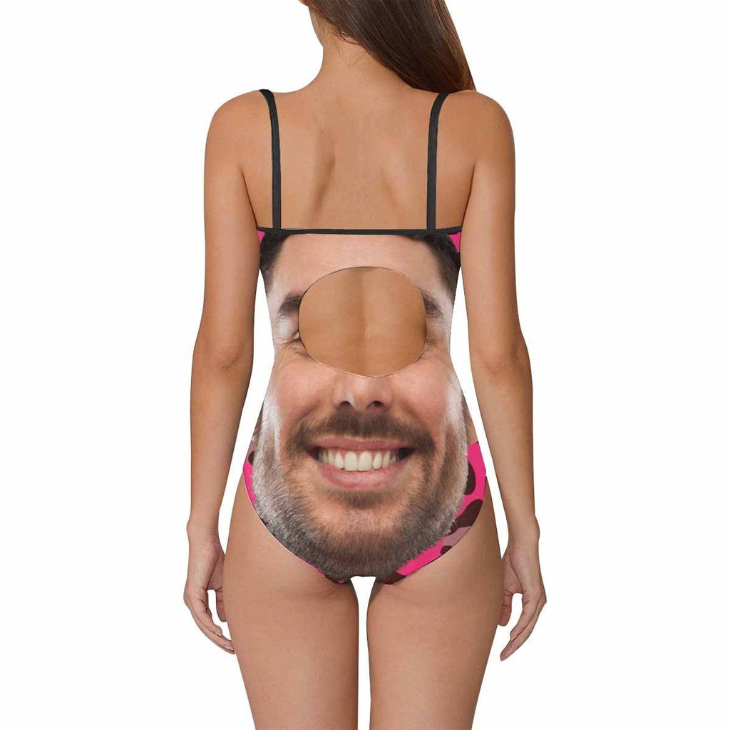 Custom Face Swimwear Women's Photo Slip One Piece Swimsuit - Pink Background