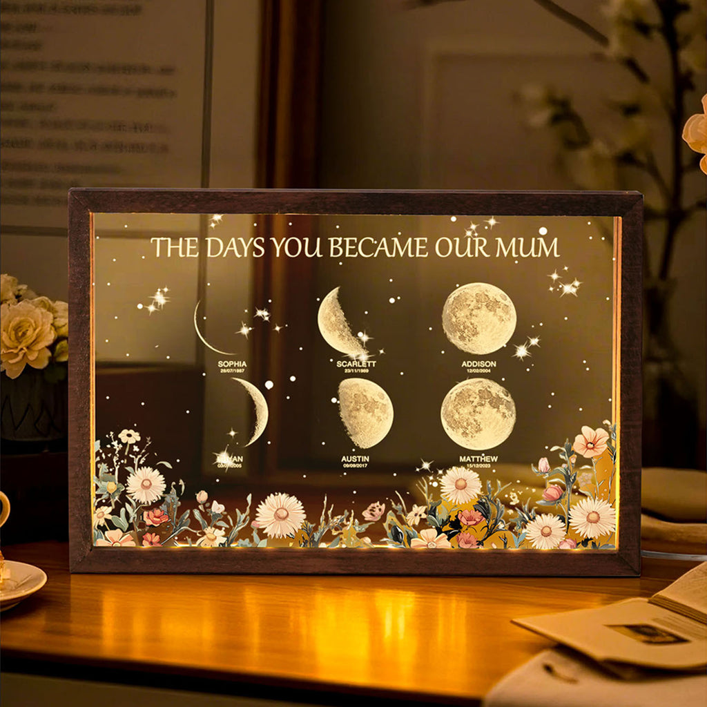 Personalized The Days You Became Our Mom Moon Phase Lightbox Mother's Day Gifts Wood Base