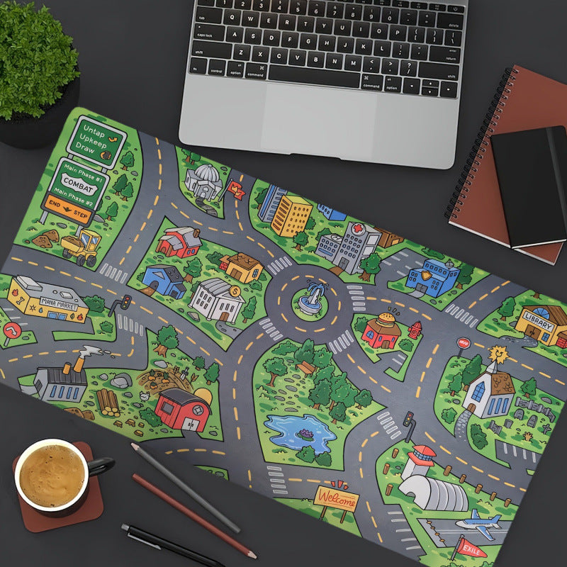 1pc Cartoon City Street Large Mouse Pad - Ultra-Smooth Desk Mat with Stitched Edges, Non-Slip Rubber Base, Vibrant Urban Map Design for Office And Home Workspace Setup