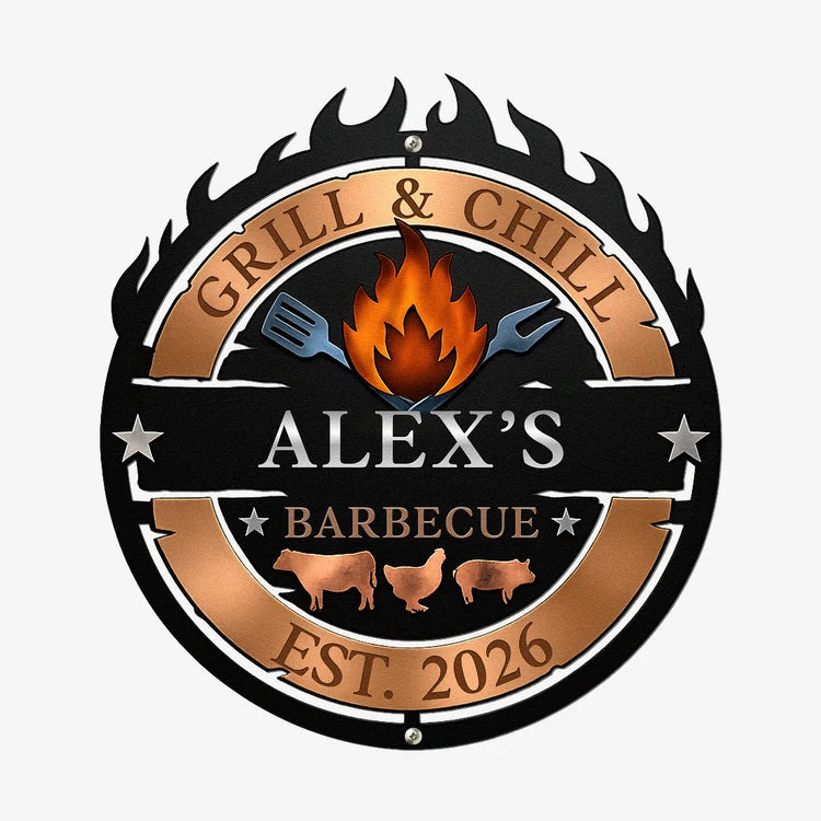Rustic Flame Grill Sign for Men Who Cook – Personalized Outdoor Wall Art for Backyard Barbecue Lovers, Man Cave or Garage Decor