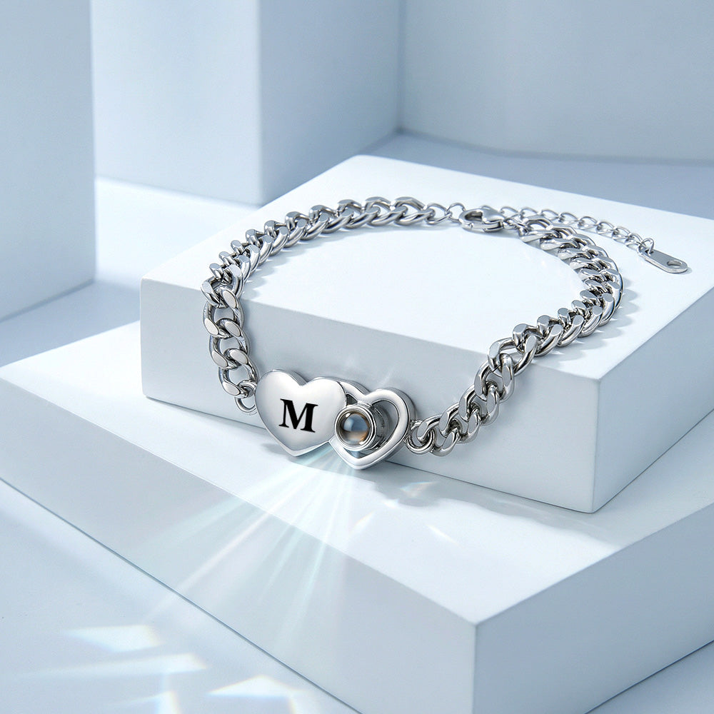Custom Bracelet Personalized Photo Projection Bracelet Heart-Shaped Cuban Chain Bracelet Best Christmas Gift For Couples