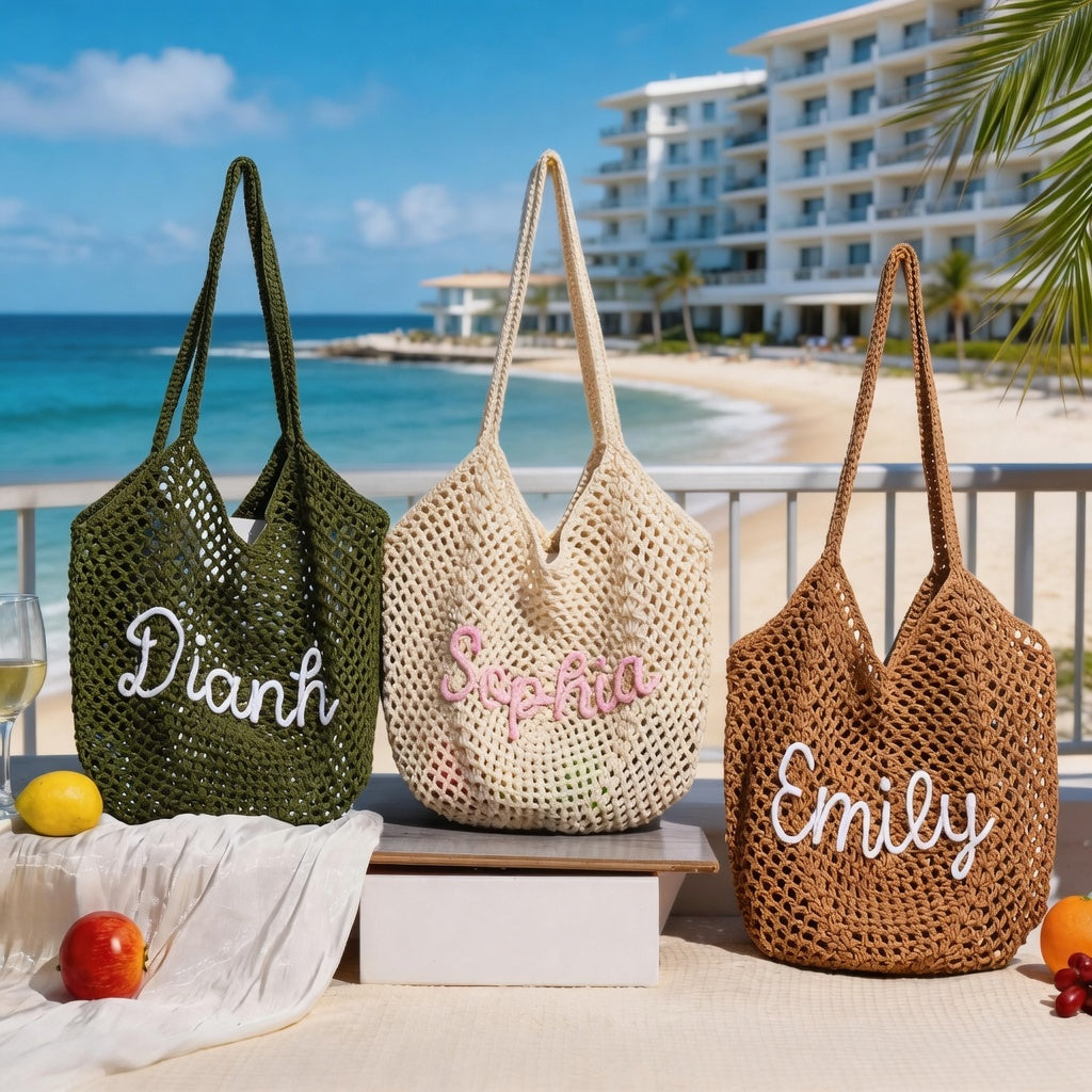 Personalized Crochet Beach Bag with Custom Name Monogrammed Straw Style Mesh Bag for Summer Vacation Hand Knit Name Tote Bag