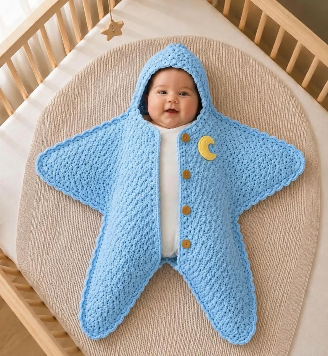 Crescent Moon Star Baby Light Blue Swaddle Blanket Crochet Hooded Sleep Sack for Newborns