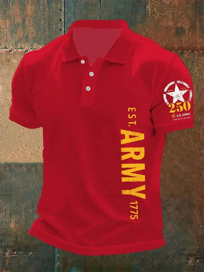 Man's Vintage U.S. Army 250th Anniversary This We'll Defend Est.1775 Printed Polo Shirt