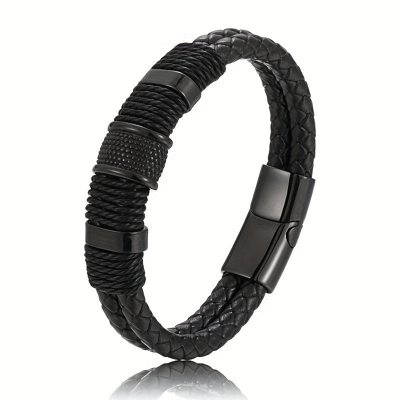 Men's Braided Leather Style Bracelet Handmade Layered Cord Wristband with Textured Metal Clasp Modern Minimalist Casual Jewelry Gift for Men