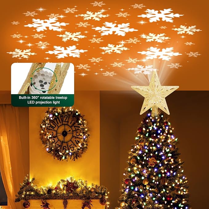 Christmas Tree Topper Star Lighted With 6 Projection Modes Christmas Star Tree Topper With Led Rotating Lights Gold Tree Topper 3d Glitter Dynamic Projection For Xmas Party Holiday Decorations