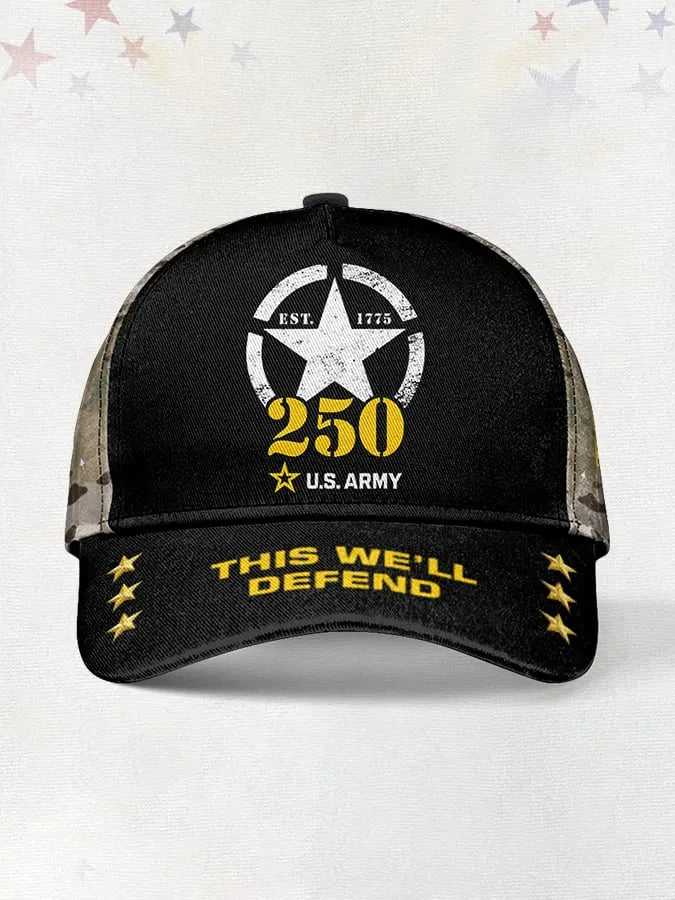 Vintage U.S. Army 250th Anniversary This We'll Defend Est.1775 Flag Camouflage Print Baseball Cap