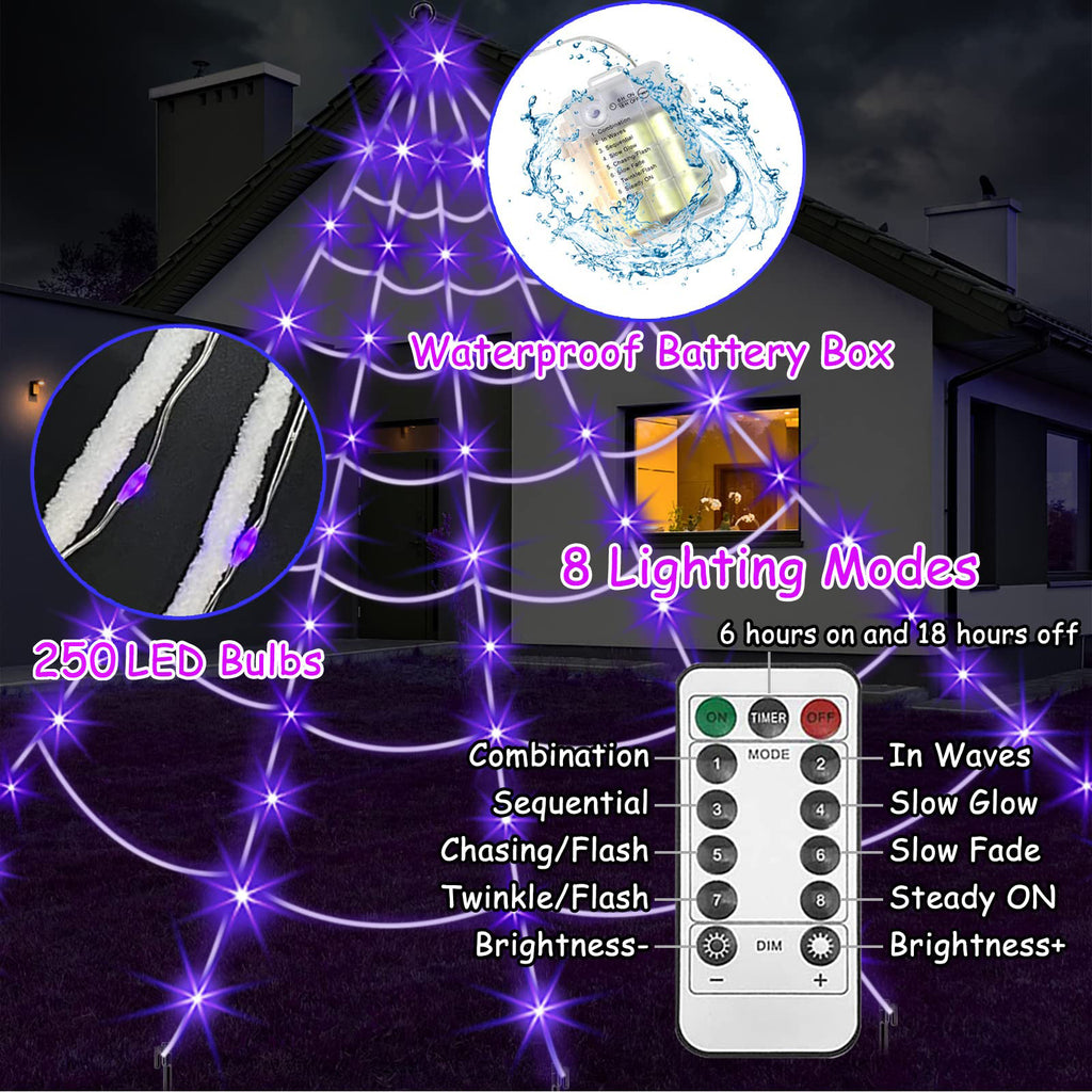 Lighted Halloween Triangular Spider Web with Giant Hairy Spider LED Purple Orange Glowing Web Outdoor Yard Decor Giant Plush Spider Haunted House Prop
