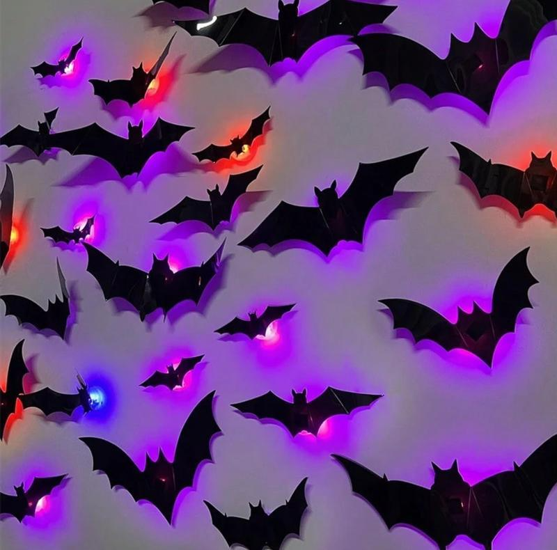 3D Bat Light Design LED Decorations 12pcs Set Spooky Ornaments for Home Party Festival Halloween Easy Install Wall Stickers Smooth Application - Decorative