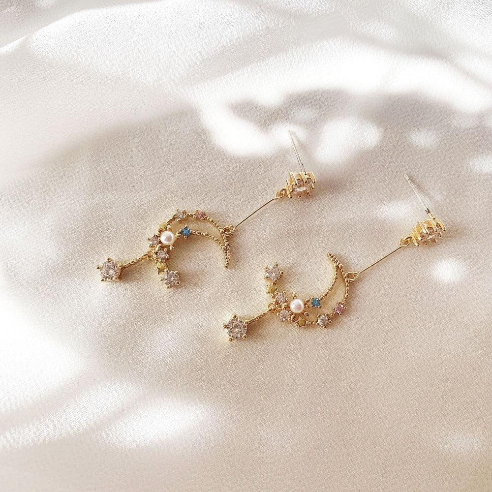 Moon and Star Celestial Pearl Night Sky Drop Earrings