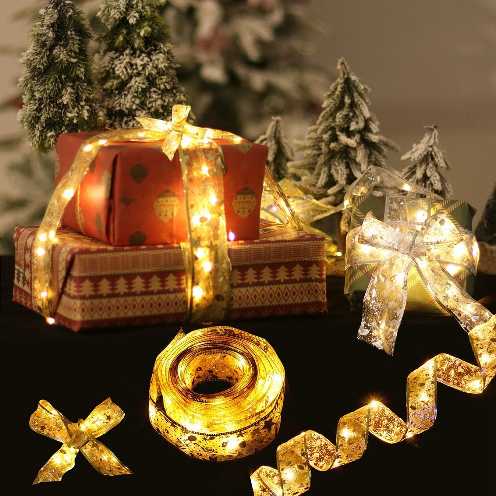 Christmas Fairy Lights Xmas Tree Ribbon Lights Copper Wire Ribbon Bows Lights for Holiday Party Decoration
